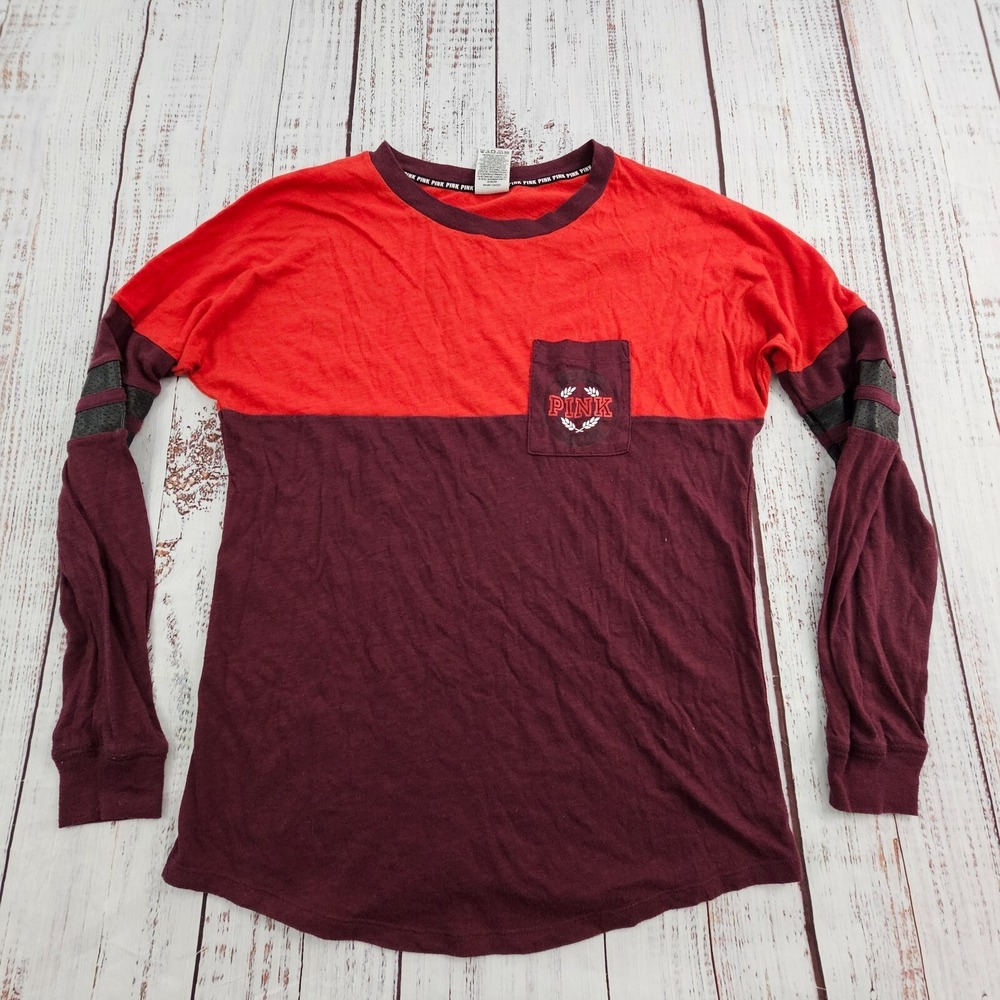 Pink Victoria's Secret Red Coloblock Long Sleeve Cotton Blend T-Shirt Women's XS